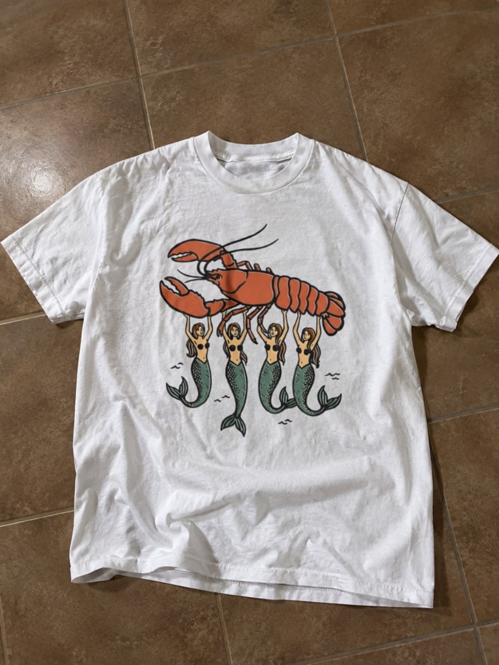 Orange Lobster & Green Mermaids Gildan White Tee with